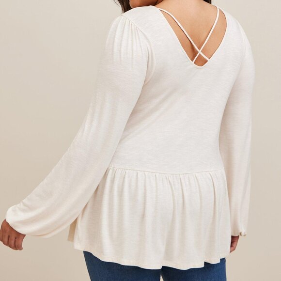 Torrid Cream Babydoll V-Neck Embroidered Long Sleeve Top - Picture 11 of 11